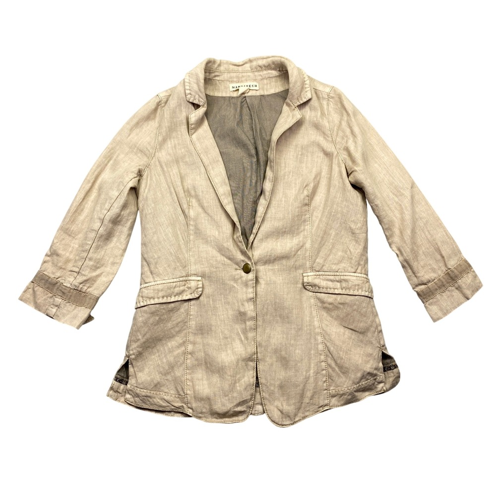Marrakech Tan 100% Linen 3/4 Sleeve Single Button Blazer Jacket Small Preppy